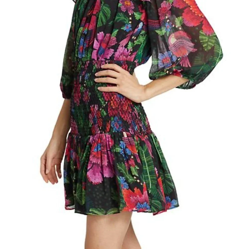 Farm Rio NWOT Blooming Garden Floral Smocked Minidress Size Small - Picture 4 of 7